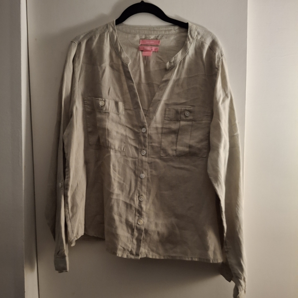 Isaac Mizrahi Women's Linen Long Sleeve Shirt in Beige